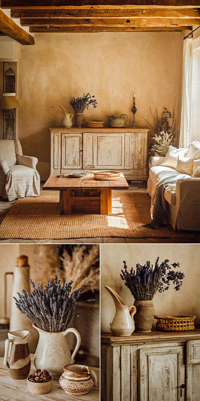 Cozy rustic living room with wooden beams, vintage furniture, lavender bouquets, beige tones, woven accents, soft lighting, and a warm, inviting atmosphere.