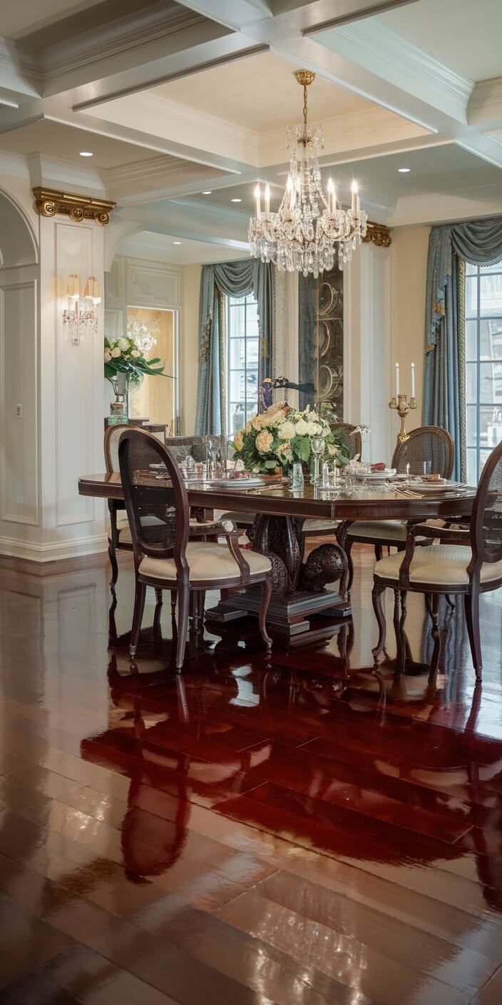 Elegant dining room features a large wooden table, chandelier, floral centerpiece, and ornate furnishings with reflective polished floors and luxurious drapery.