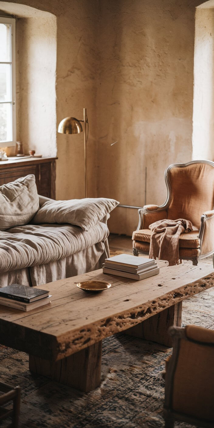 Cozy rustic living room with a vintage sofa, armchair, wooden coffee table, books, gold lamp, and soft lighting, creating a warm atmosphere.