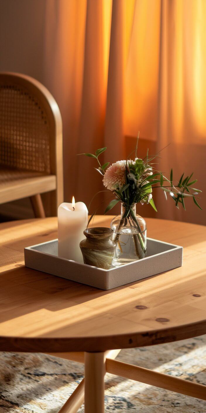 A sunlit wooden table with a lit candle, vase of flowers, and pottery, against a warm curtain backdrop creates a cozy atmosphere.
