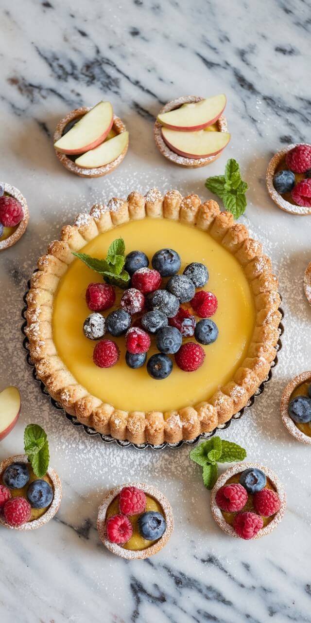 A lemon tart with berries and mint garnish, surrounded by small fruit tarts on a marble surface, dusted with powdered sugar.