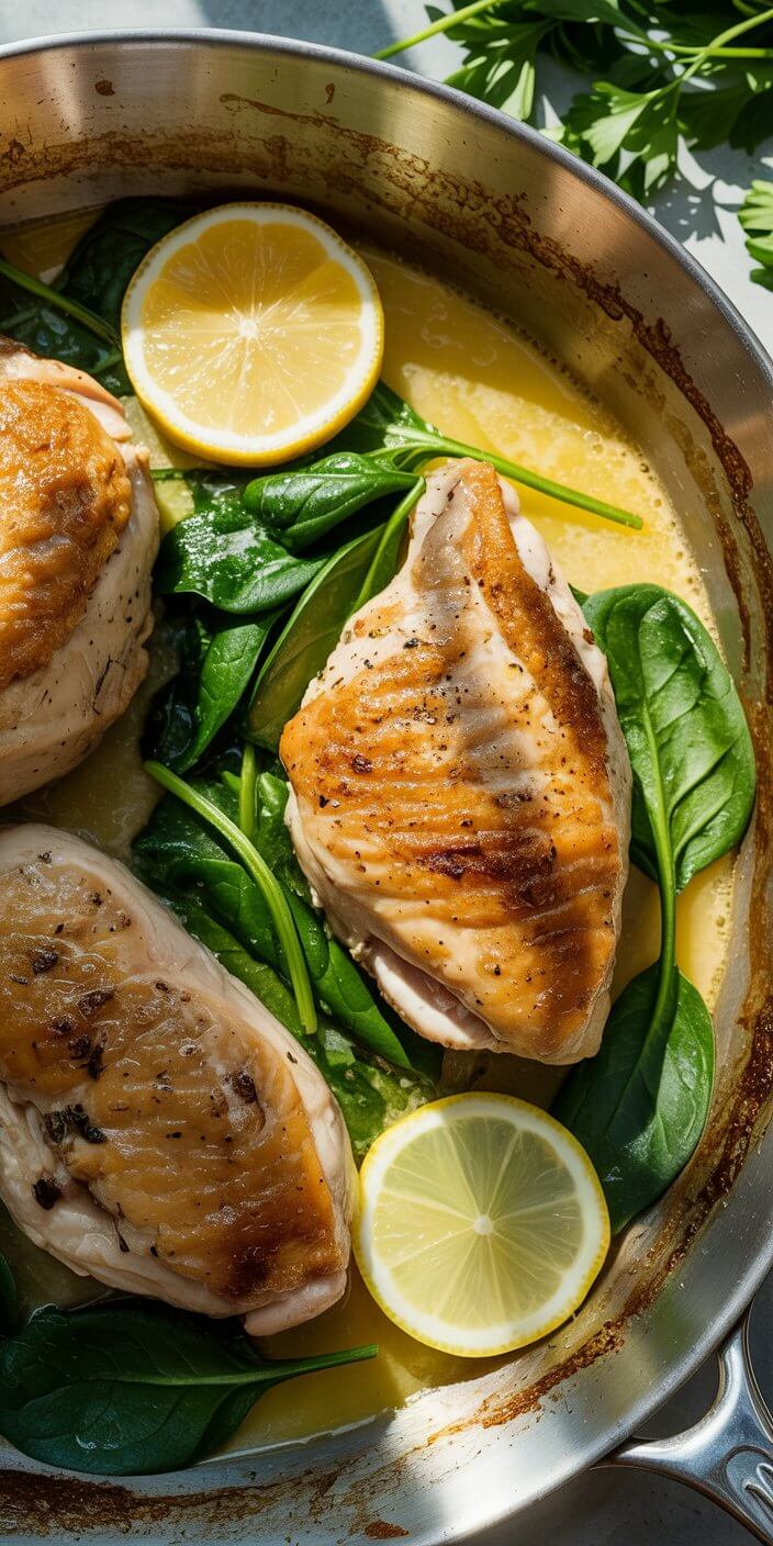 Grilled chicken breasts on spinach, garnished with lemon slices in a stainless steel pan, with parsley in the background. Appealing presentation.