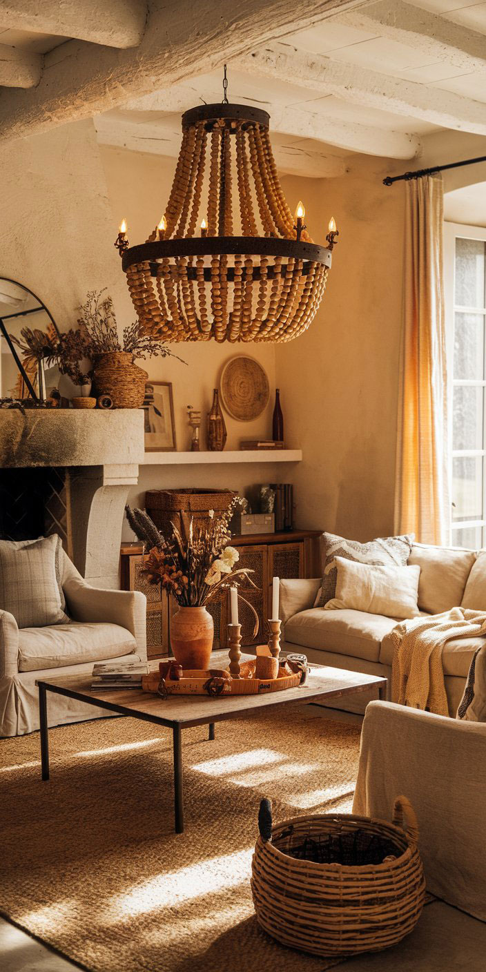 A cozy living room with a large beaded chandelier, stone fireplace, rustic decor, and wicker accents, creating a warm, inviting atmosphere.