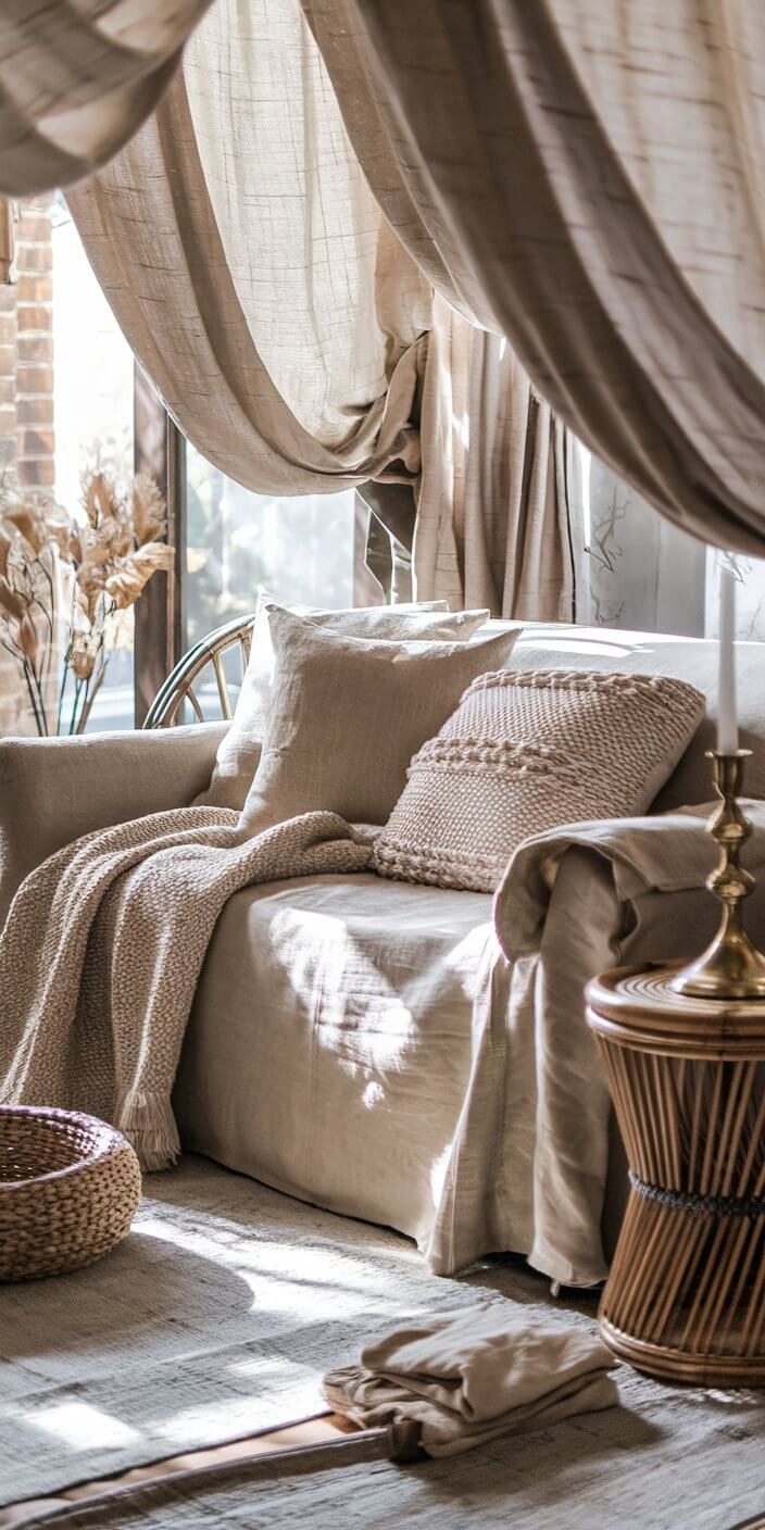 A cozy living room features a beige sofa with textured cushions, soft drapes, wicker basket, and wooden side table, bathed in natural light.