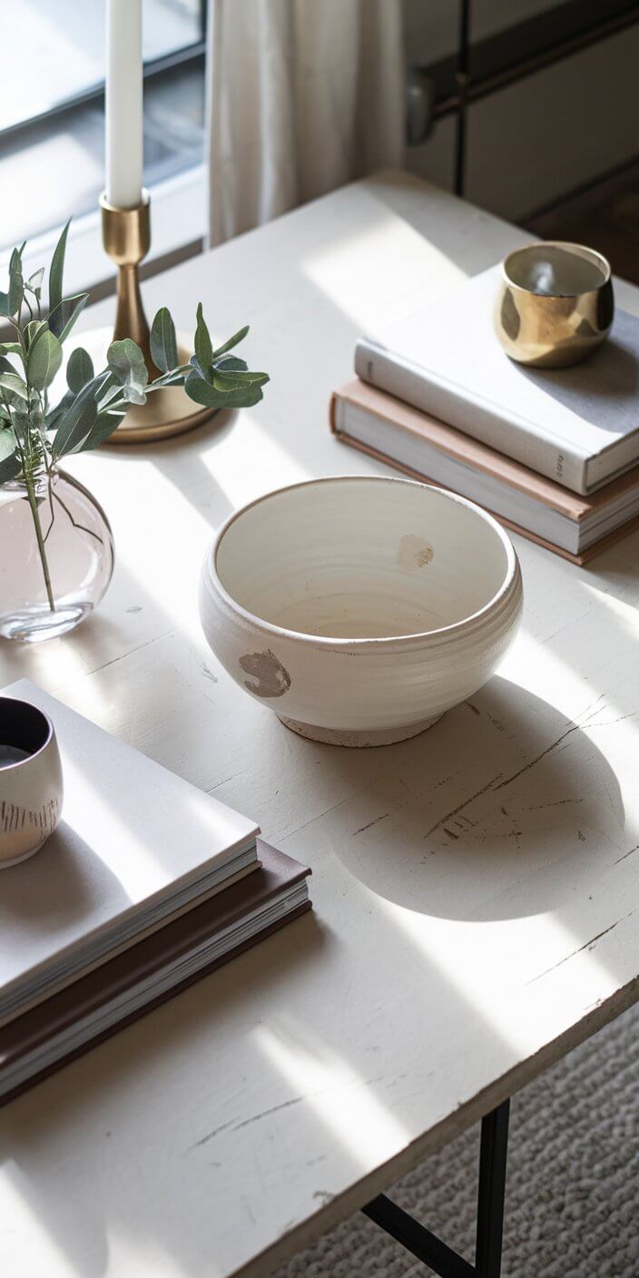 matte white hand-painted ceramic bowl on a coffee table