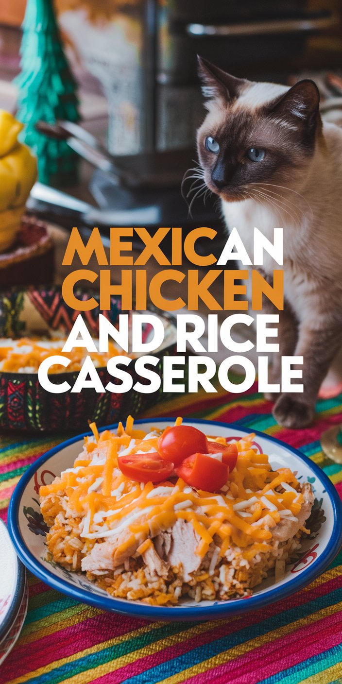 A cat gazes at a colorful dish of Mexican chicken and rice casserole, garnished with cheese and tomatoes, on a vibrant tablecloth.