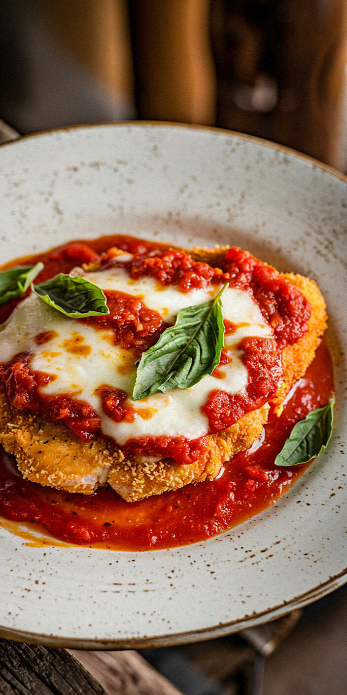 A plate with chicken parmesan topped with tomato sauce, melted cheese, and fresh basil leaves, served on a rustic wooden table.