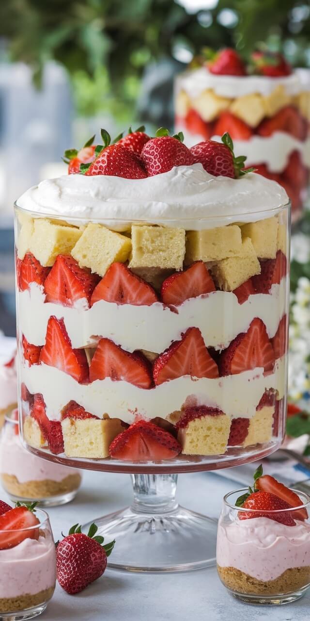 A layered strawberry trifle with whipped cream, cake, and strawberries in a glass dish, surrounded by small dessert cups on a table.
