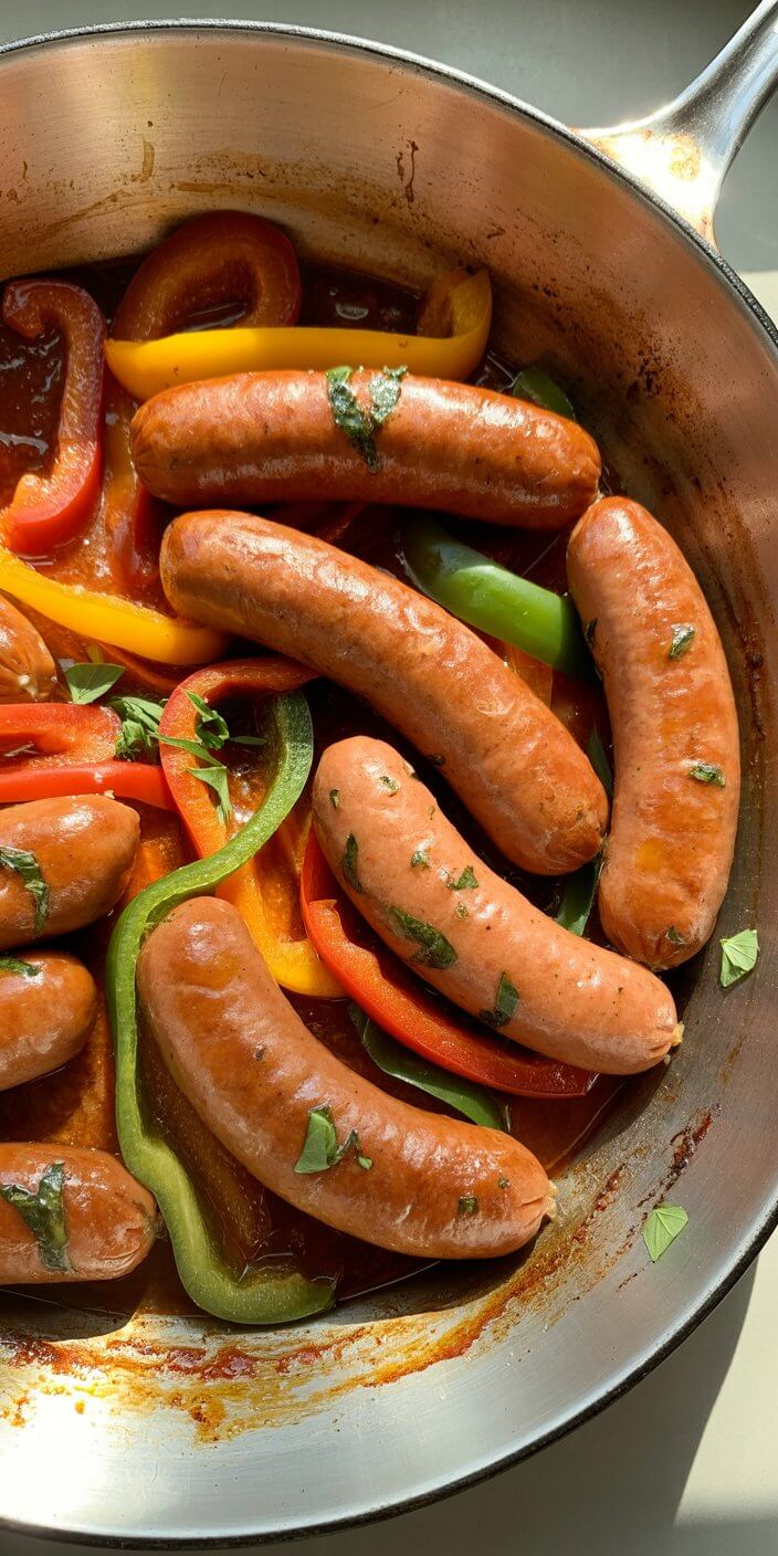 Sizzling sausages and colorful bell peppers in a skillet, garnished with fresh herbs, capturing a mouthwatering moment of cooking.