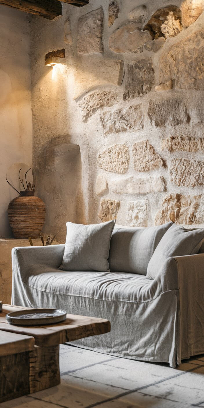 Cozy rustic interior with stone walls, a gray couch, wooden coffee table, soft lighting, and decorative vase, creating a warm, inviting atmosphere.