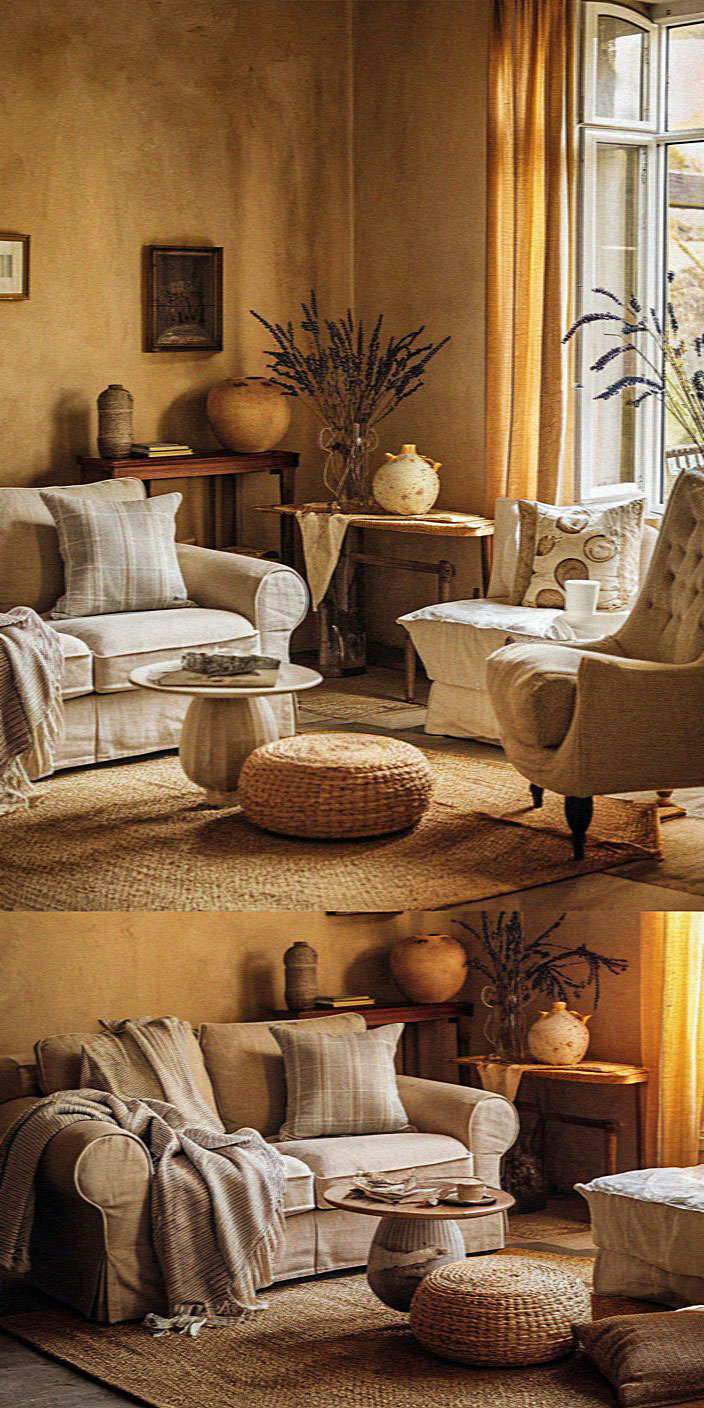 Cozy living room with beige sofas, woven rug, and round table. Sunlight filters through curtains, illuminating vases and textured furnishings. Calm, inviting atmosphere.