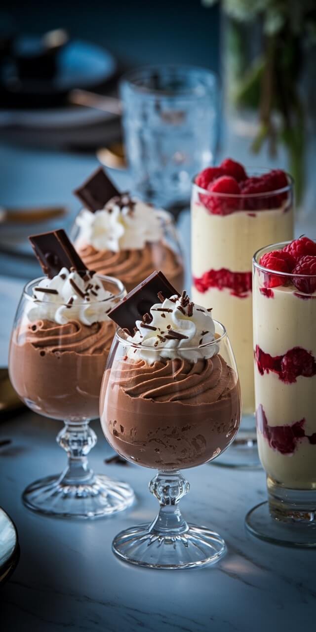 Elegant desserts displayed: chocolate mousse with whipped cream and raspberry parfaits in glassware, styled on a sophisticated table setting.