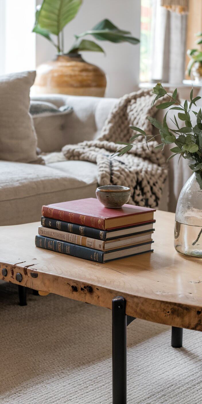A cozy living room with a beige sofa, wooden coffee table, stacked books, a small bowl, and green plants in vases.