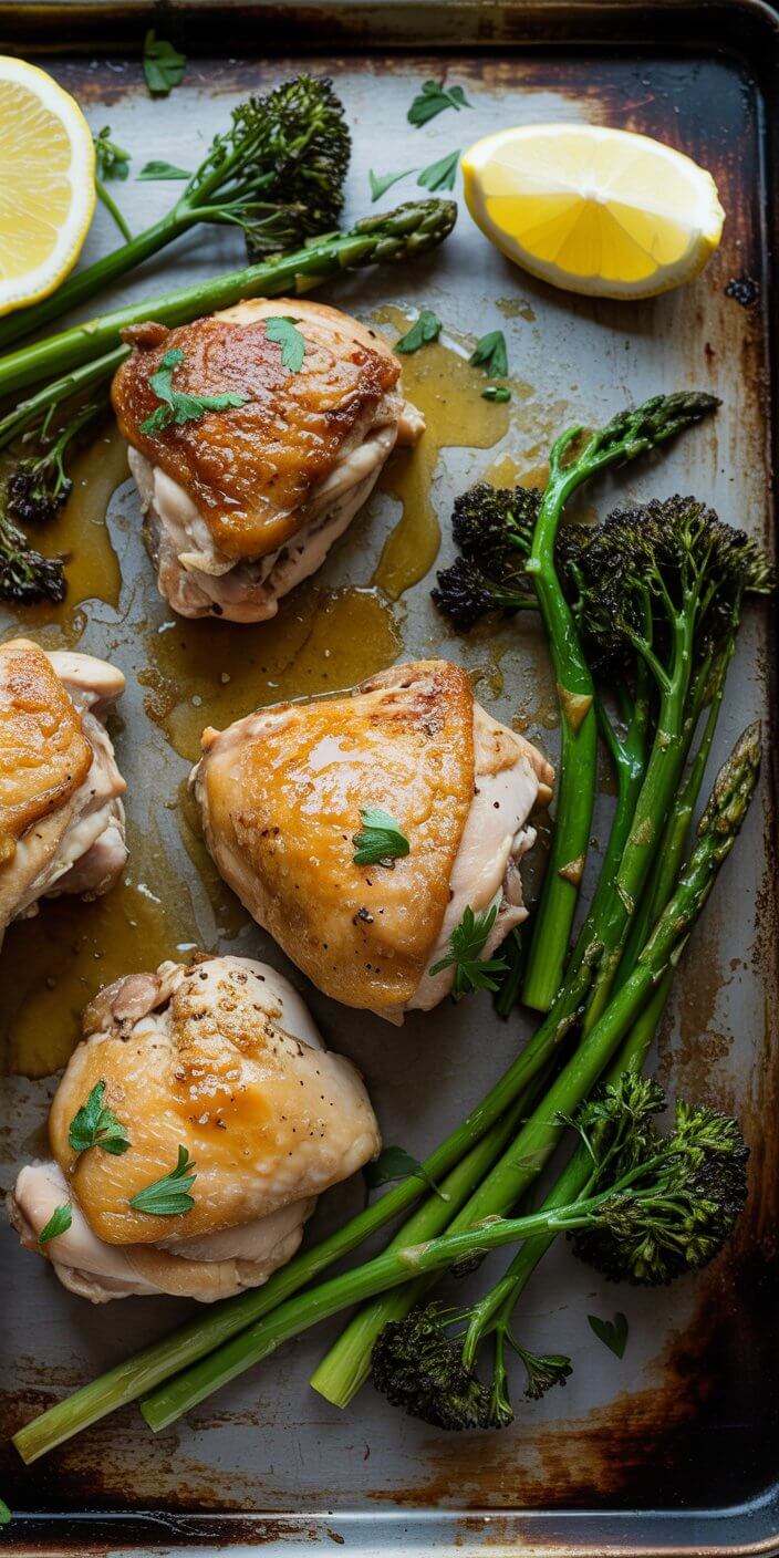 Roasted chicken thighs garnished with parsley, surrounded by broccolini and lemon wedges on a baking tray. Juicy, golden, and appetizing presentation.