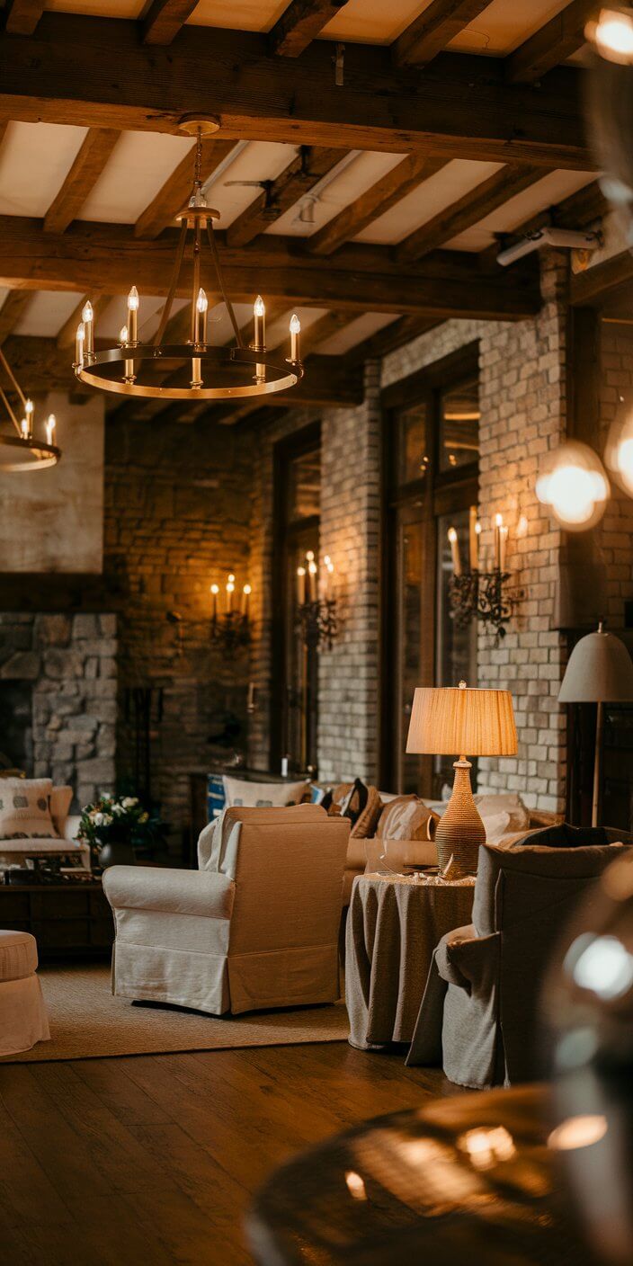 Cozy living room with brick walls, warm lighting, large armchairs, and a rustic chandelier under exposed wooden beams. Inviting atmosphere and elegant decor.