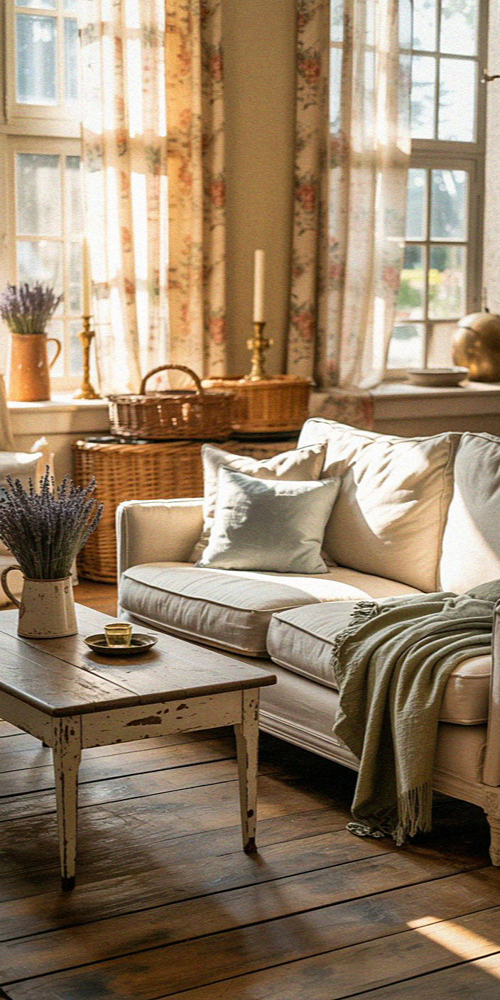 Cozy, sunlit living room with a plush sofa, rustic table, lavender bouquet, woven baskets, floral curtains, and wooden floor, creating a warm, inviting atmosphere.