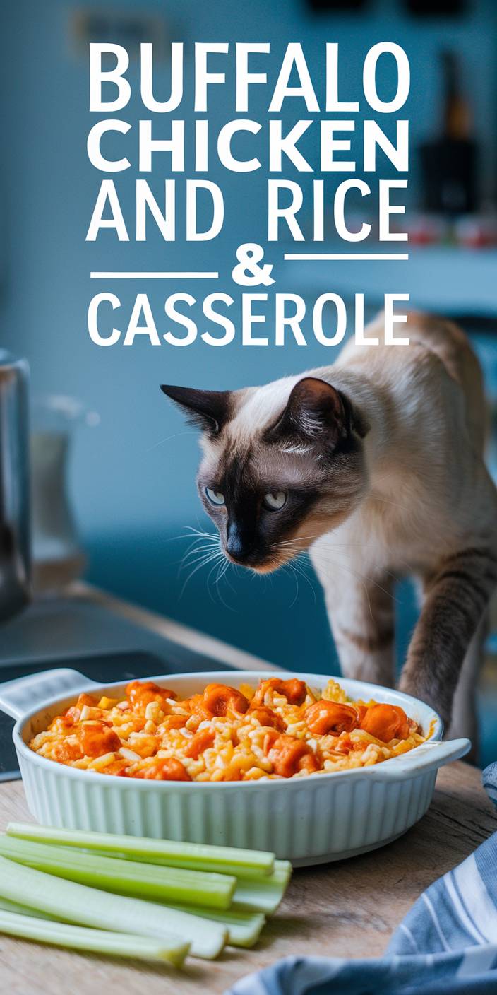 A cat curiously sniffs a buffalo chicken and rice casserole in a kitchen setting, with celery sticks nearby on the table.