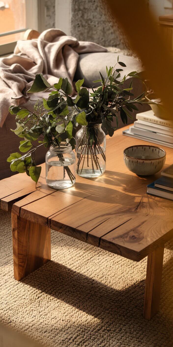 Sunlit wooden table with green foliage in glass vases, beside stacked books and a ceramic bowl, creating a cozy, inviting ambiance.