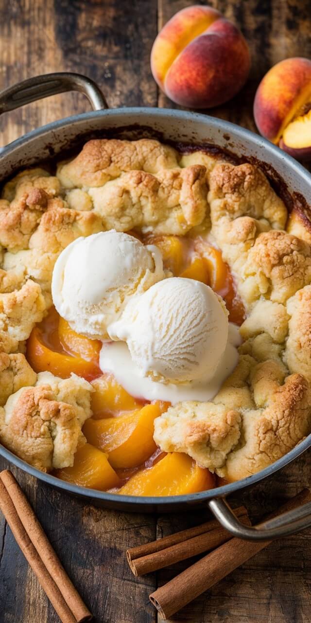 A peach cobbler topped with ice cream in a pan, surrounded by fresh peaches and cinnamon sticks on a wooden table.