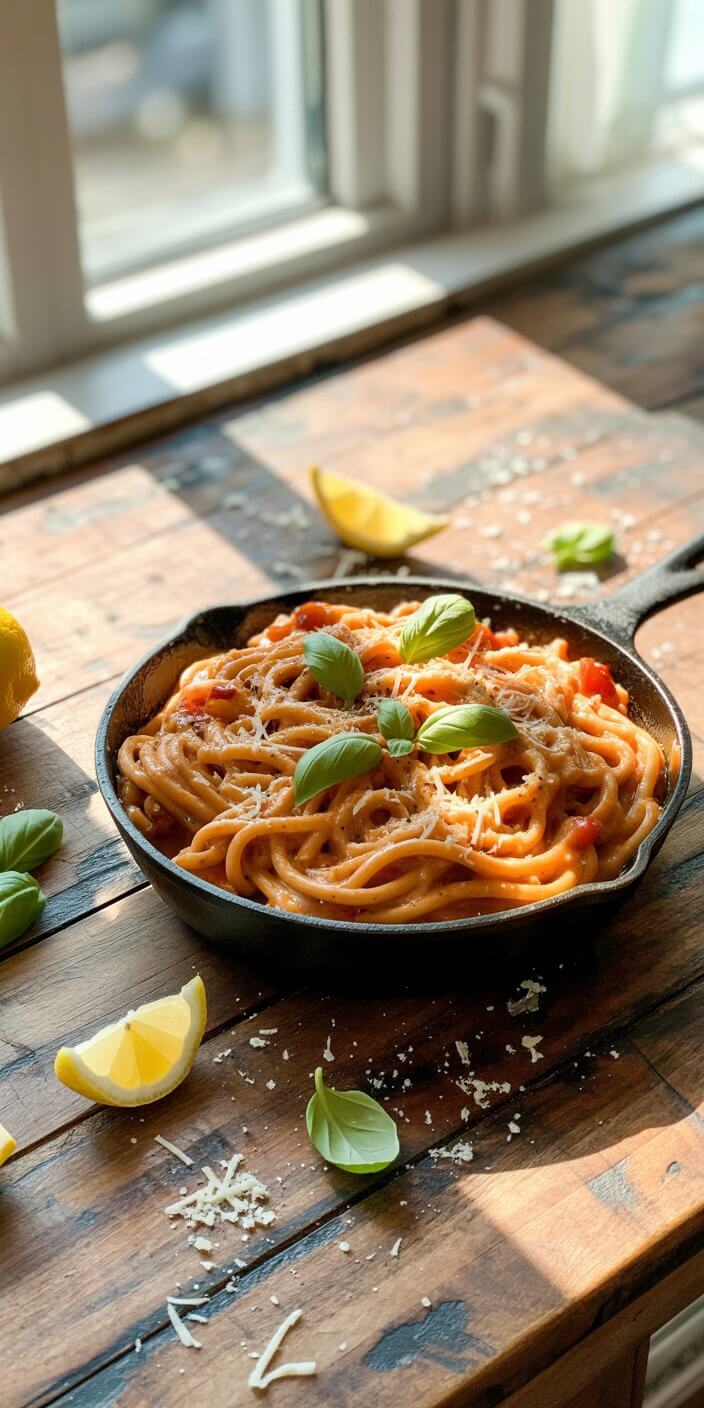 A skillet of pasta with tomato sauce, basil, and cheese sits in sunlight on a wooden table, garnished with lemon wedges.