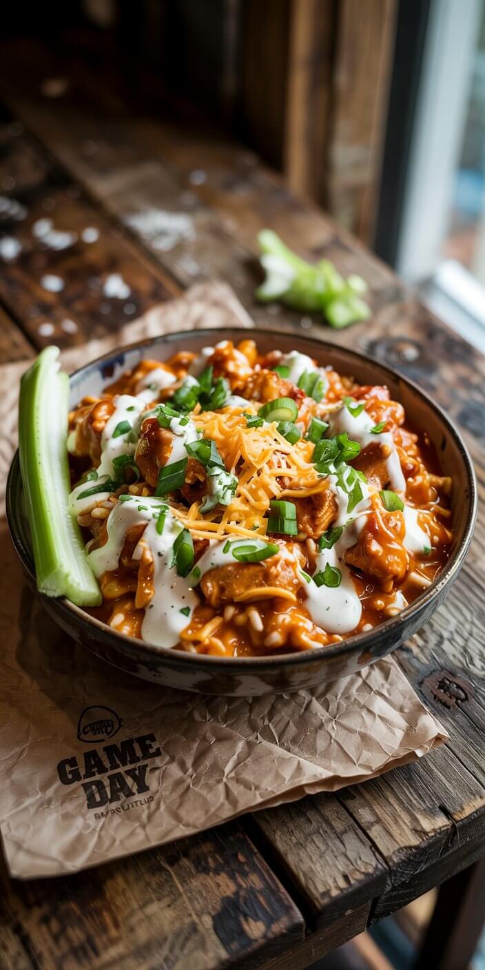 A bowl of cheesy pasta topped with green onions, served with celery on a rustic wooden table. Featuring "Game Day" branding on paper.
