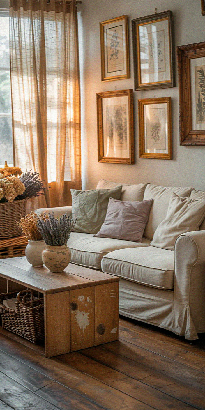 Cozy living room with framed botanical art, soft white sofa, wooden coffee table, dried flowers, and sheer curtains filtering sunlight on wooden floors.