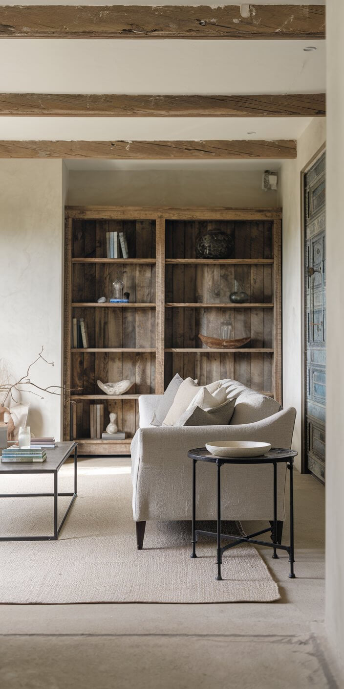 A cozy living room features a beige sofa, rustic wooden bookshelves, and a coffee table, creating a warm, inviting atmosphere with neutral tones.