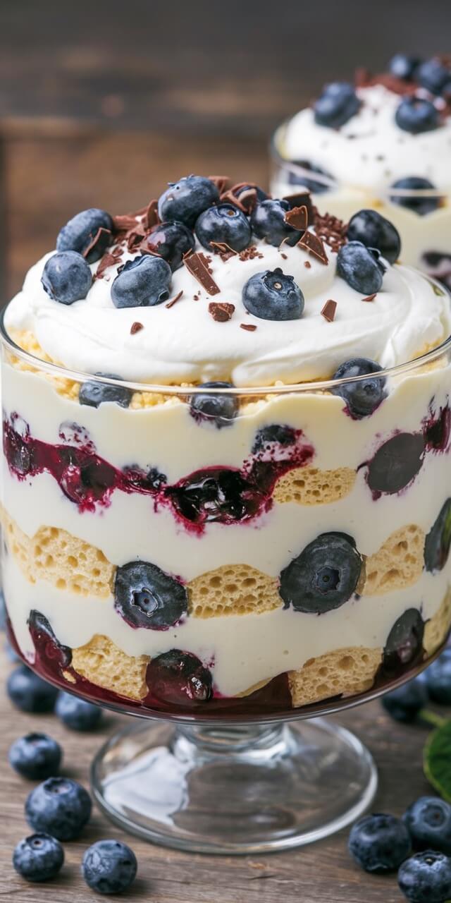 A layered dessert in a glass, featuring blueberries, cream, and sponge cake, topped with chocolate shavings and whole blueberries.