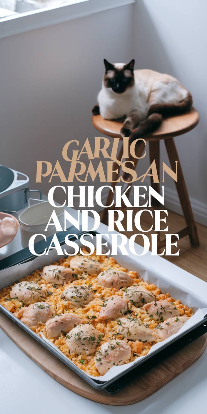 A cat relaxes on a stool beside a kitchen counter with garlic Parmesan chicken and rice casserole dish. Recipe text overlays the image.