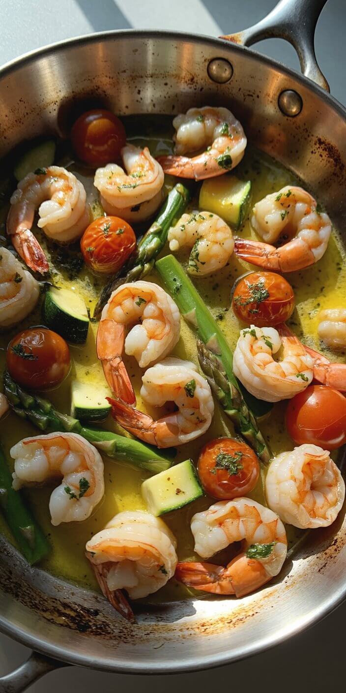 Shrimp, cherry tomatoes, zucchini, and asparagus are sautéed in a glistening pan, bathed in herb-infused oil, creating a vibrant, appetizing dish.