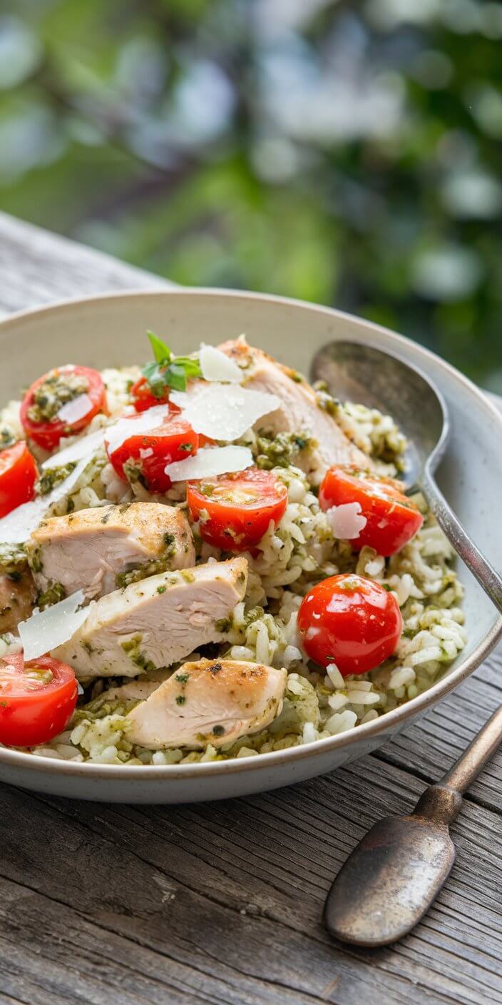 A bowl of rice with grilled chicken, cherry tomatoes, and parmesan, garnished with herbs, served on a rustic wooden table.