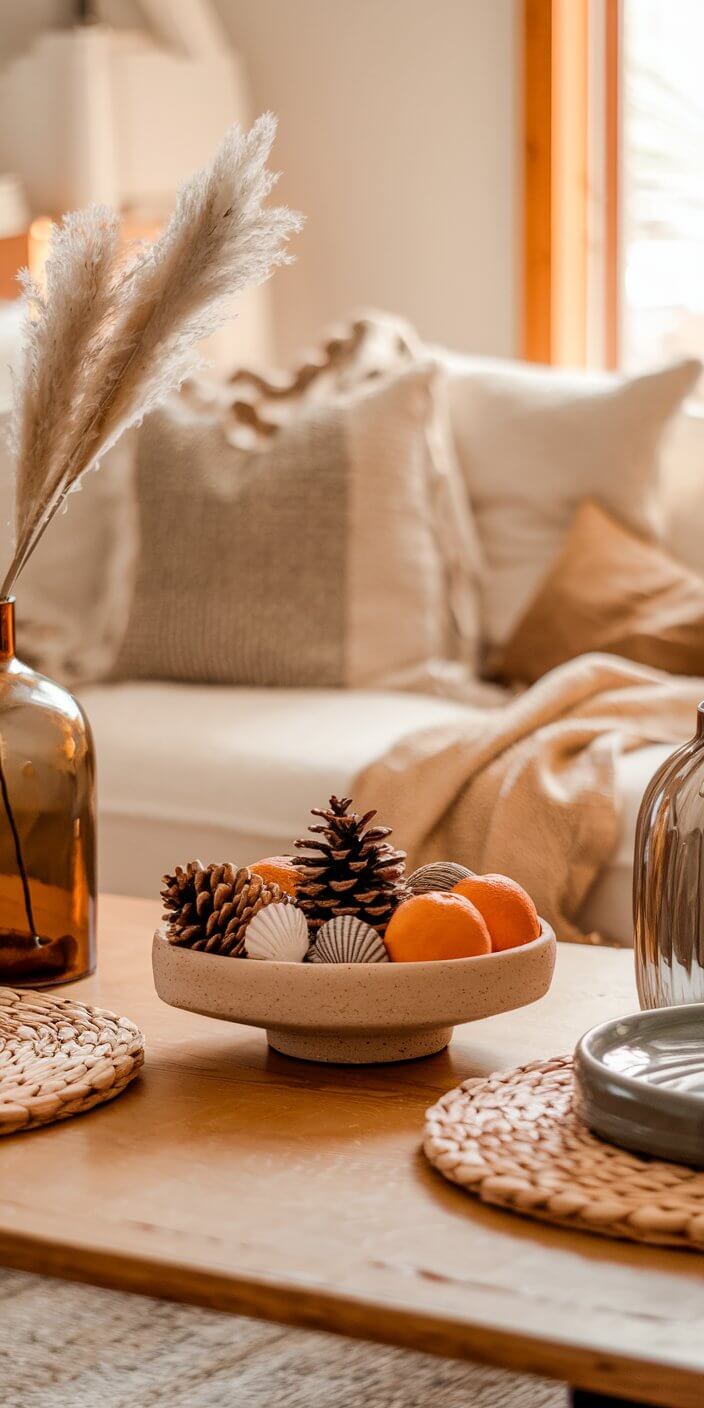 A cozy living room features a centerpiece with pine cones and oranges, surrounded by soft cushions and neutral-toned decor on a wooden table.