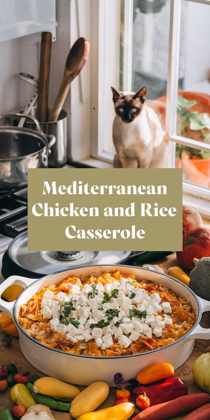 A cat sits by the window in a kitchen, overlooking a Mediterranean chicken and rice casserole, surrounded by colorful vegetables.