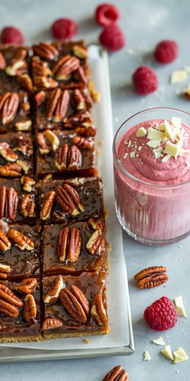 Pecan-topped caramel bars on a tray sit beside a pink raspberry mousse in a glass, surrounded by fresh raspberries and white chocolate shavings.