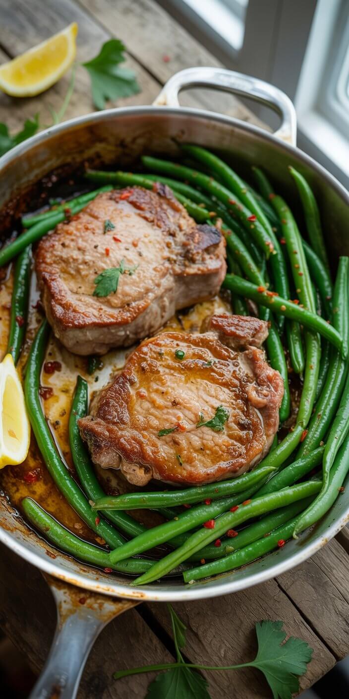 A pan of cooked pork chops garnished with green beans, parsley, and lemon. The dish is presented on a rustic wooden table.