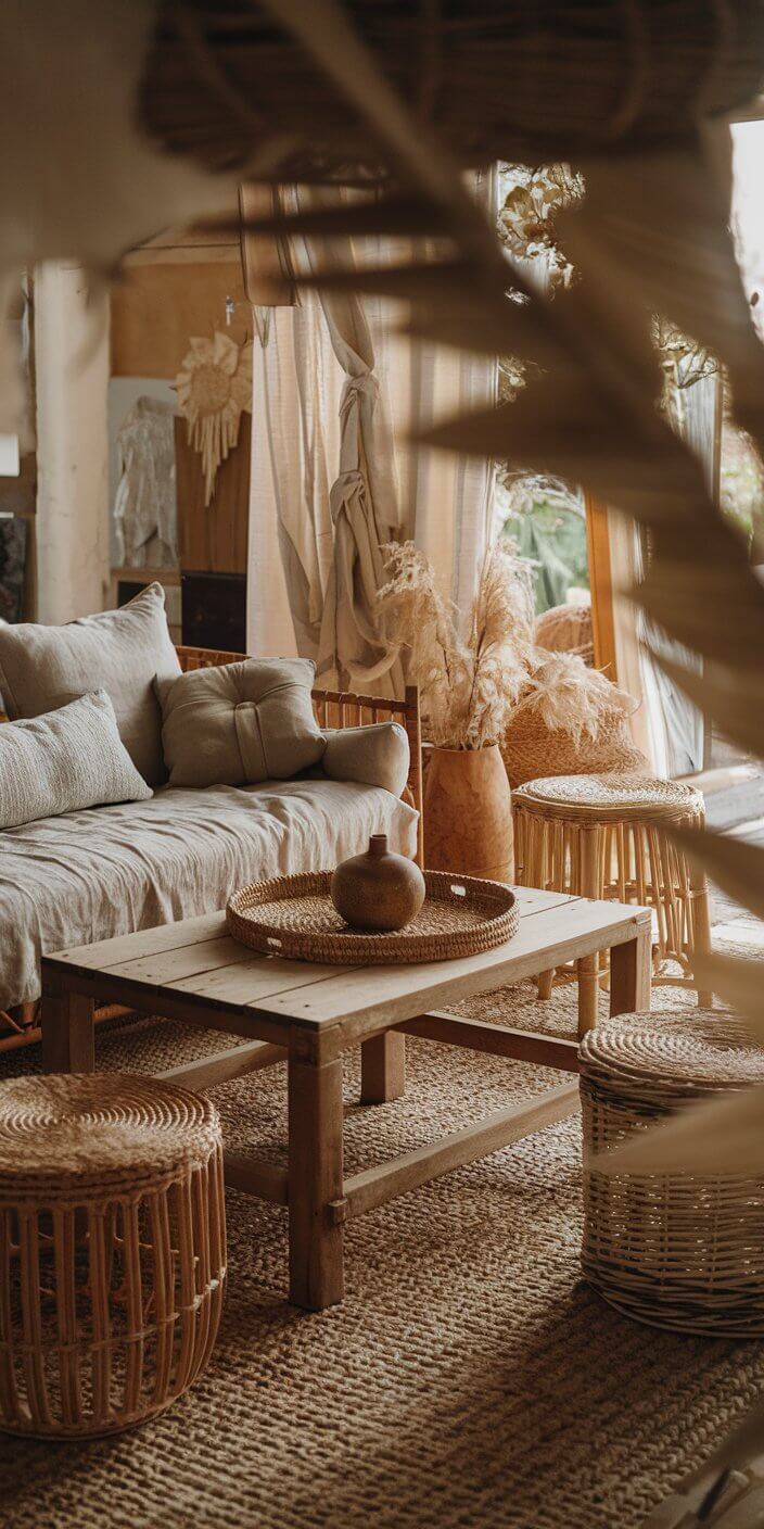 Cozy, bohemian-style room featuring wicker furniture, soft pillows, a woven rug, and natural decorations with pampas grass, creating a warm, inviting atmosphere.