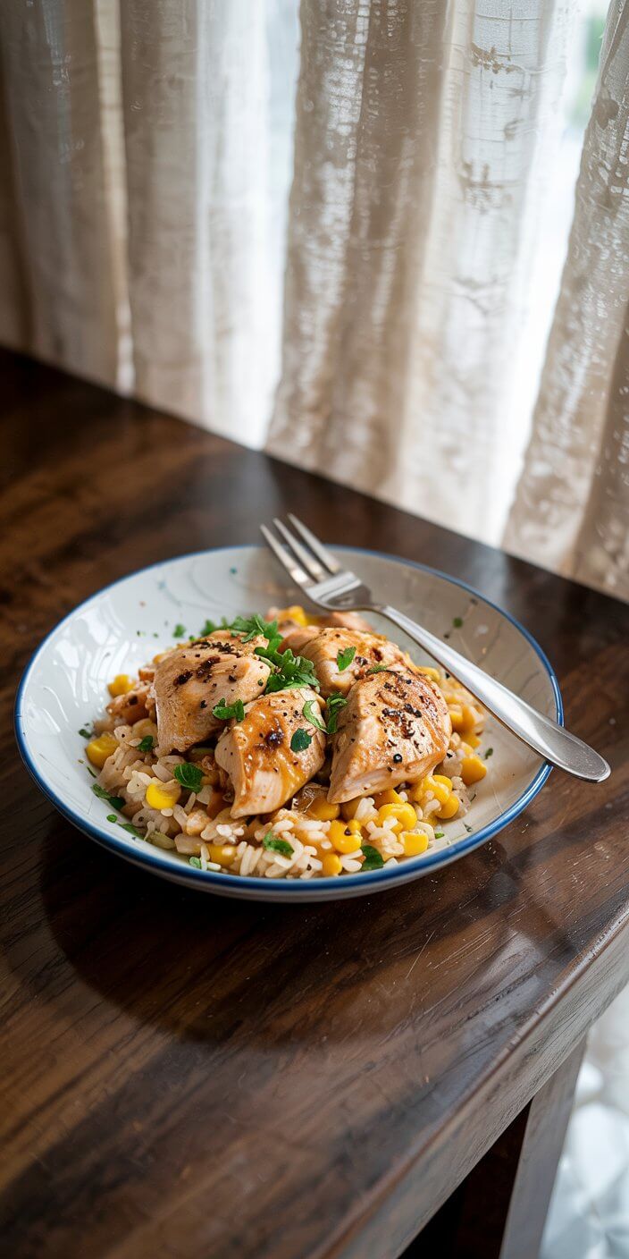 A plate of seasoned grilled chicken, rice, and corn garnished with parsley, with a fork and knife, on a wooden table.