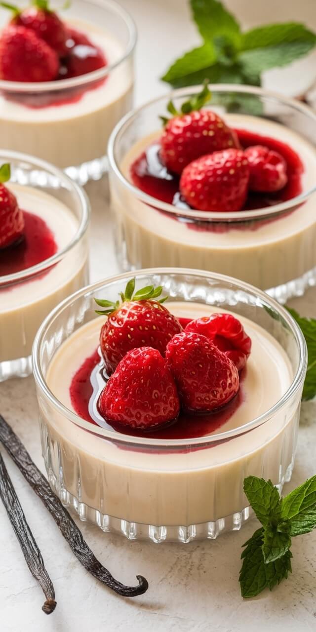 Five glasses of panna cotta topped with strawberries and sauce, garnished with vanilla beans and mint leaves on a light surface.