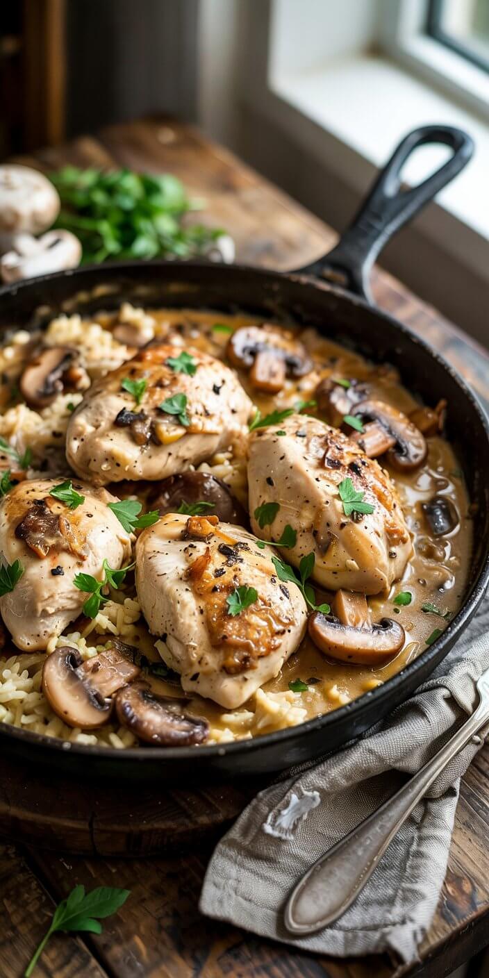 A rustic skillet dish featuring chicken, mushrooms, and herbs, placed on a wooden table beside a window with natural light streaming in.