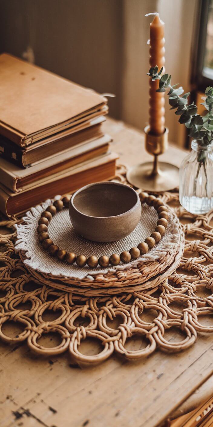 Cozy table setting with stacked books, a lit candle, eucalyptus in a vase, and a rustic bowl on woven placemats.