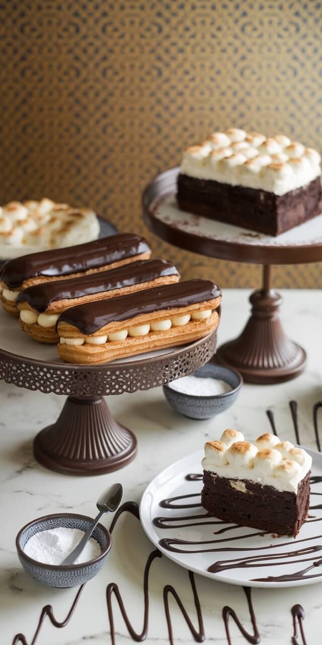 An elegant dessert spread featuring chocolate eclairs and cakes on ornate stands, with decorative chocolate drizzle on a white marble surface.