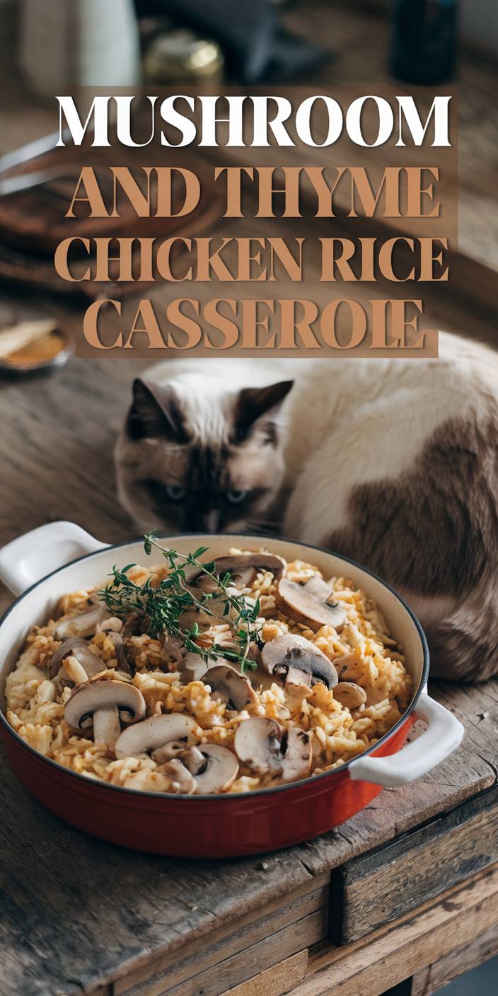 A cat sits by a wooden table with mushroom and thyme chicken rice casserole in a red dish, garnished with fresh herbs.