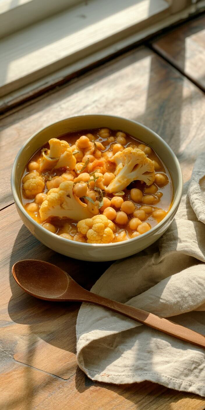 A bowl of warm chickpea and cauliflower stew, garnished with herbs, sits on a wooden table beside a wooden spoon and cloth napkin.