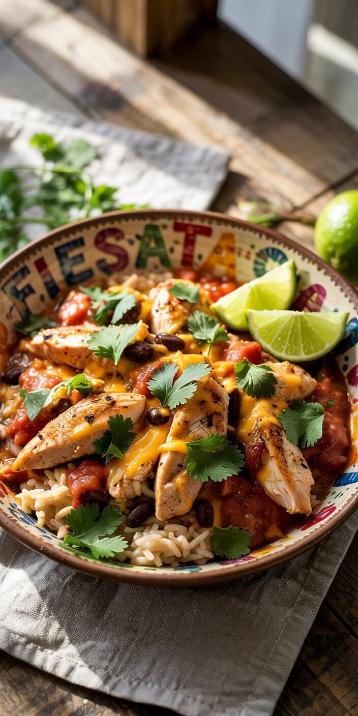 A vibrant bowl of rice, grilled chicken, beans, tomato, cheese, and cilantro garnished with lime slices on a rustic wooden table.