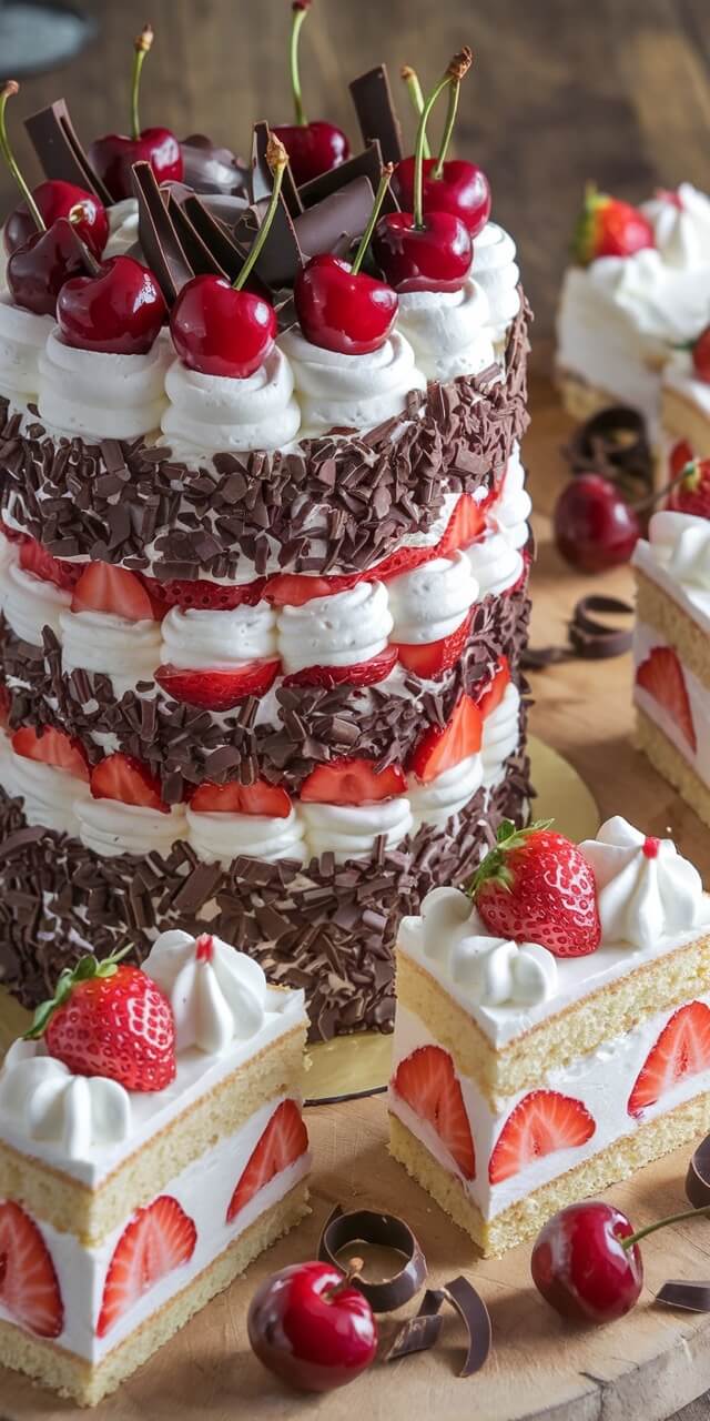 A layered cake adorned with cherries, chocolate shavings, and strawberries is surrounded by matching decorated cake slices on a wooden board.