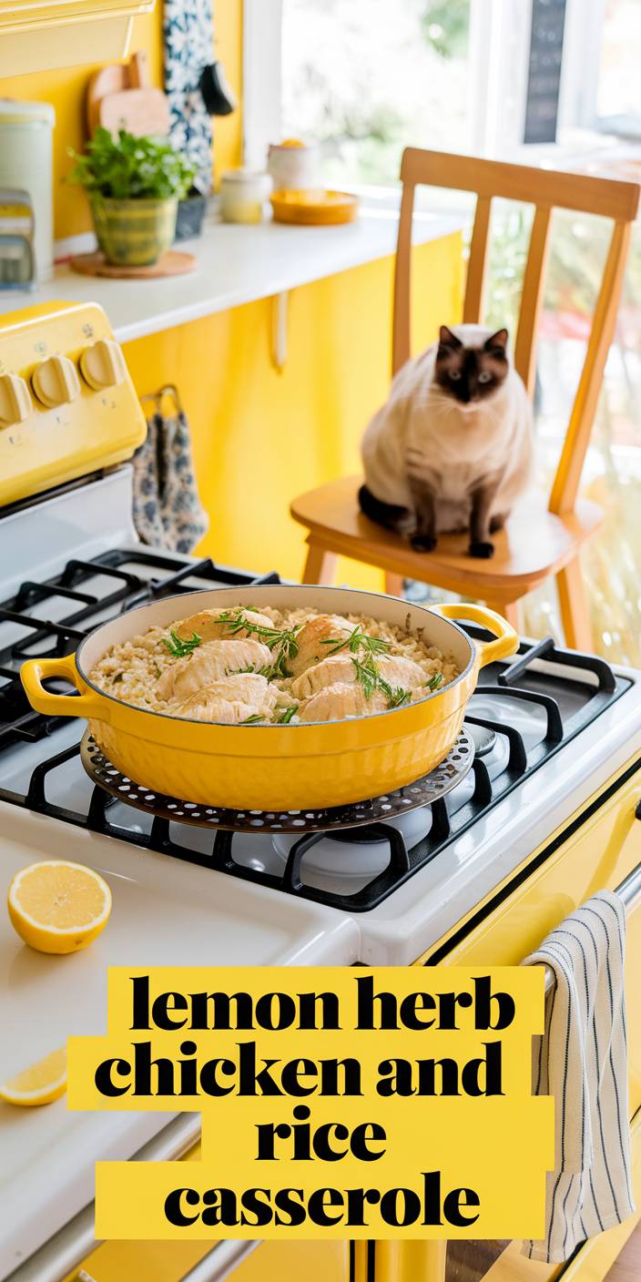 A yellow kitchen scene with lemon herb chicken casserole on a stove, a cat on a chair, and bright decor.