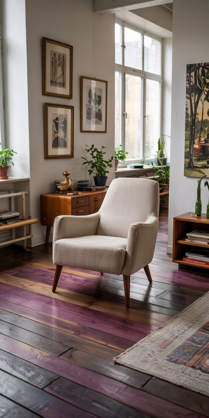 Cozy living room with an armchair, artwork, and plants. Soft light filters through large windows, highlighting colorful, wooden floors and decor.