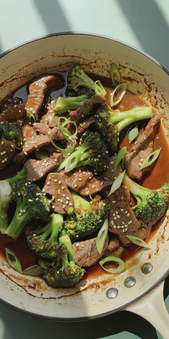 A pan filled with beef, broccoli, green onions, and sesame seeds in a rich brown sauce, catching sunlight on a green surface.