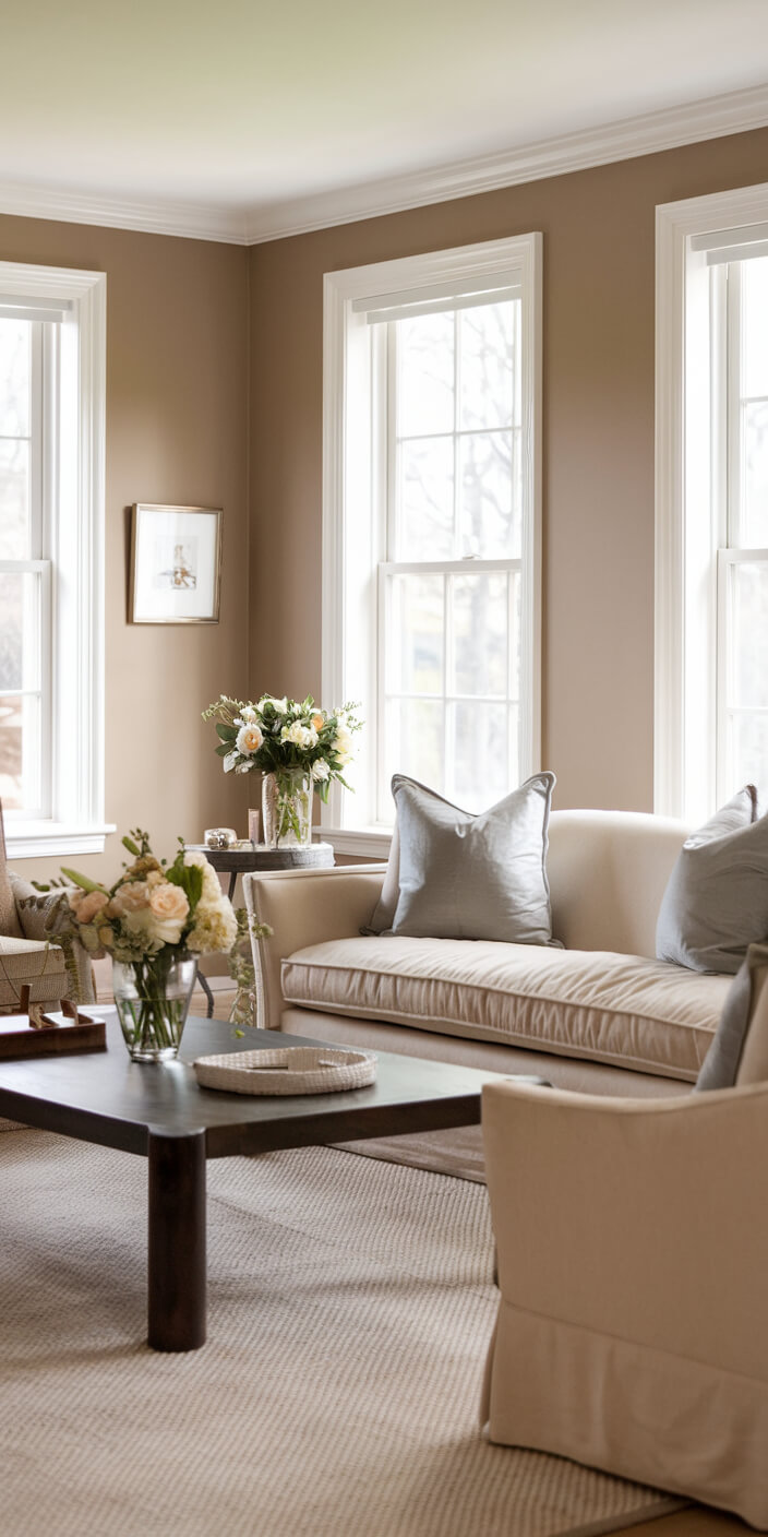 Elegant living room with beige sofas, dark wood table, floral arrangements, and large windows allowing soft natural light. Cozy, sophisticated atmosphere.
