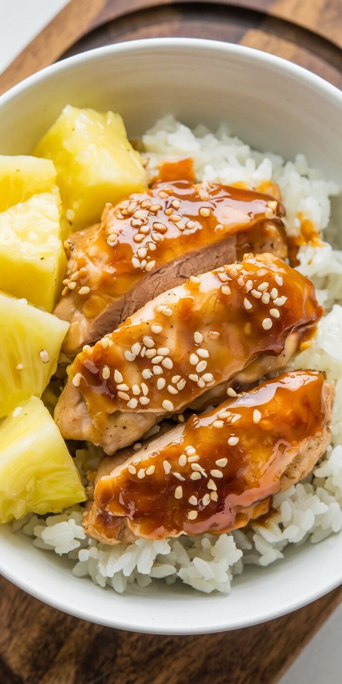 A dish featuring glazed chicken with sesame seeds, pineapple chunks, and white rice in a white bowl on a wooden surface.